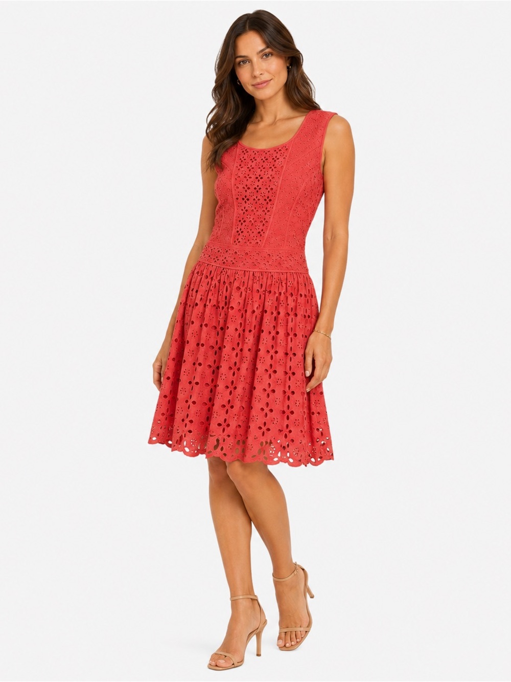Yumi Coral Pink Eyelet Lace Fit & Flare Dress Size 10/12 Sleeveless 100% Cotton